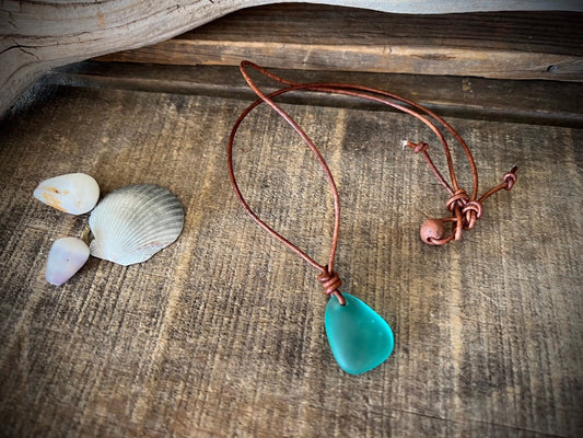 Blue Sea Glass Necklace ,Beach Glass Leather Choker ,Surfer necklace Gift For Her, Gift For Him